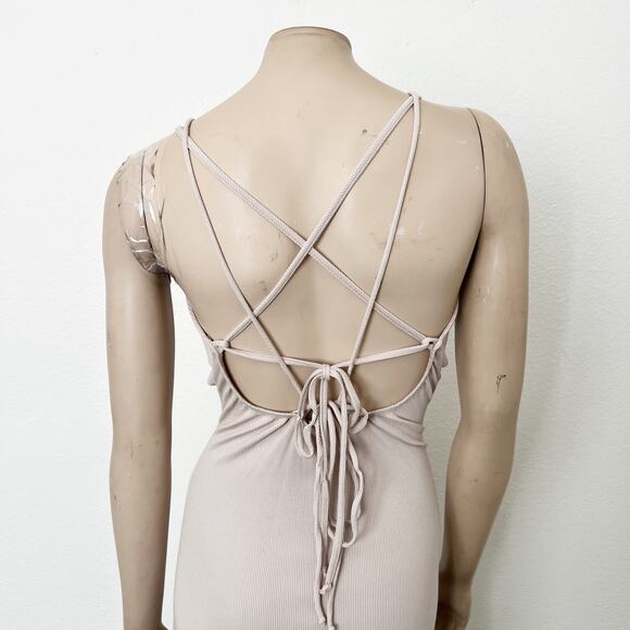 [VICI Collection] Beige Strappy Back State of Grace Ruched Midi Dress Size XL - Picture 5 of 10